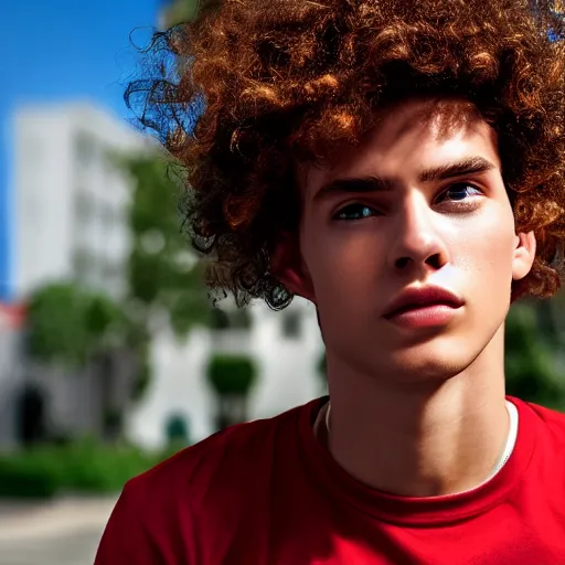 Image similar to red teenager with curly blonde hair red t shirt airpods attractive, high - quality photo realistic highly detailed high - quality 8 k