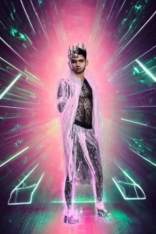 Prompt: full-body rococo and cyberpunk delicate crystalline sculpture of attractive muscular iridescent Zayn Malik as a humanoid deity wearing a thin see-through plastic hooded cloak sim roupa, posing like a superhero, glowing pink face, crown of white lasers, large diamonds, swirling black silk fabric. futuristic elements. oozing glowing liquid, full-length view. space robots. human skulls. throne made of bones, intricate artwork by caravaggio. Trending on artstation, octane render, cinematic lighting from the right, hyper realism, octane render, 8k, depth of field, 3D