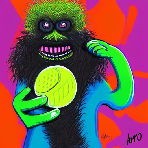 Image similar to portrait of a tennis ball monster holding a coffee, colorful, digital art, fantasy, magic, chalk, trending on artstation, ultra detailed, professional illustration by basil gogos