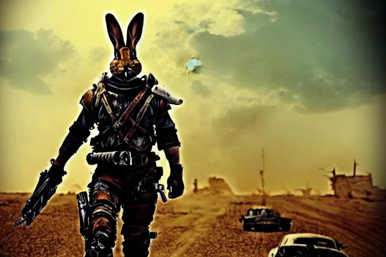 Image similar to a good ol'rabbit fursona ( from the furry fandom ), heavily armed and armored facing down armageddon in a dark and gritty version from the makers of mad max : fury road. witness me.