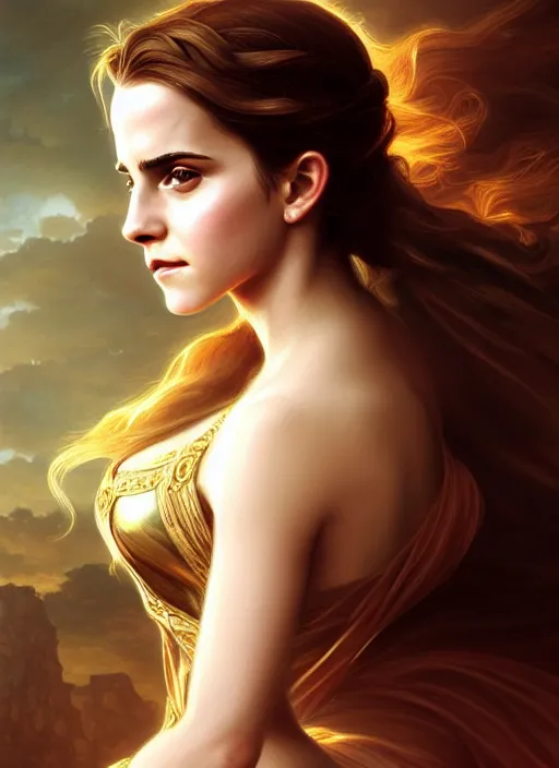 Image similar to emma watson as driada, shiny background, intricate, elegant, highly detailed, digital painting, artstation, concept art, smooth, sharp focus, illustration, artgerm, bouguereau