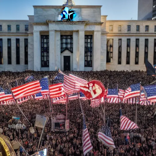 Image similar to 4 k hdr sony a 7 wide angle photo of soldiers waving hundreds of bitcoin flags at a protest of thousands of people surrounding federal reserve building with us dollars burning in a pile and flying everywhere