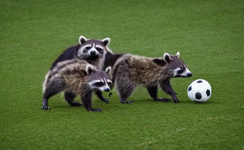 Image similar to soccer game with raccoons all over the field, sports photography, very detailed, 8 k,