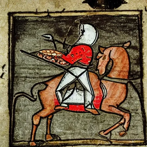 Prompt: medieval marginalia drawing of a knight in armor eating a pizza