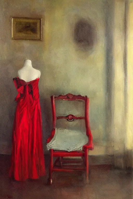 Image similar to an empty red dress laid across a chair in a dark victorian era room. in the style of american impressionism painting. triadic color scheme