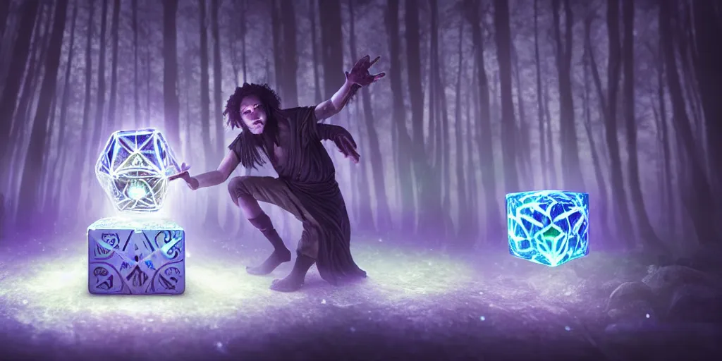 Prompt: a mythical, magical forest spirit wizard casting a spell on a 3 d cube dice, glowing energy, fantasy magic, by willian murai and jason chan and marco bucci, hyper detailed and realistic, illustration, sharp focus, cinematic, rule of thirds, foresthour