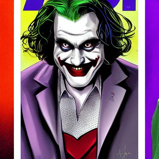 Image similar to detailed comics book cover joaquin phoenix joker in the style of alex ross