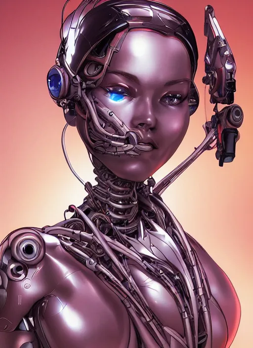 Image similar to portrait of a beautiful cyborg woman by Yukito Kishiro, biomechanical, hyper detailled, trending on artstation