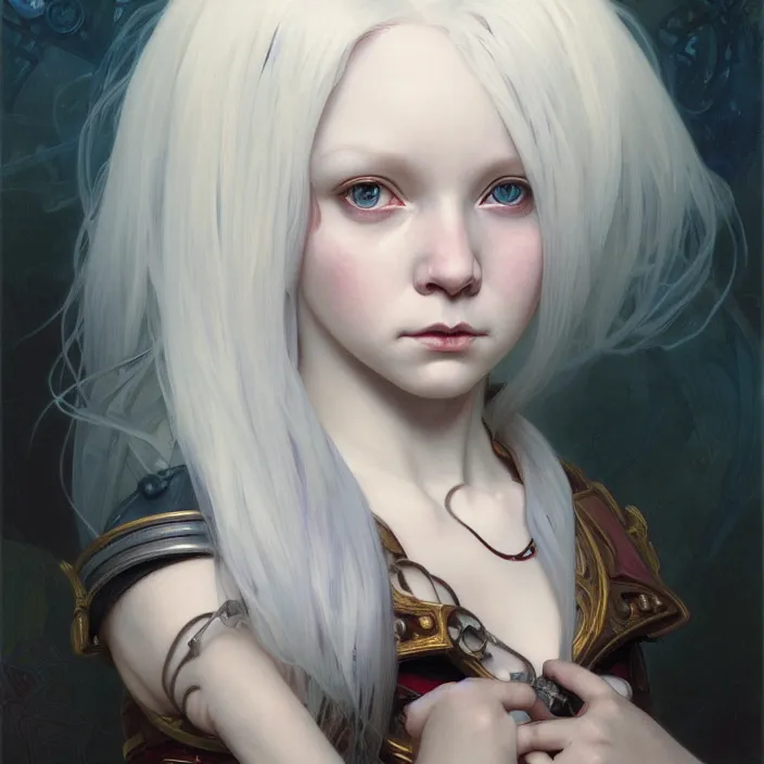 Image similar to excellent painted portrait of a albino girl with white hair, steampunk art, character artwork, 8k resolution artwork, trending on artstation, detailed oil painting portrait, art by artgerm and greg rutkowski and alphonse mucha and craig mullins and James Jean and Andrei Riabovitchev and Marc Simonetti and peter mohrbacher, matte painting