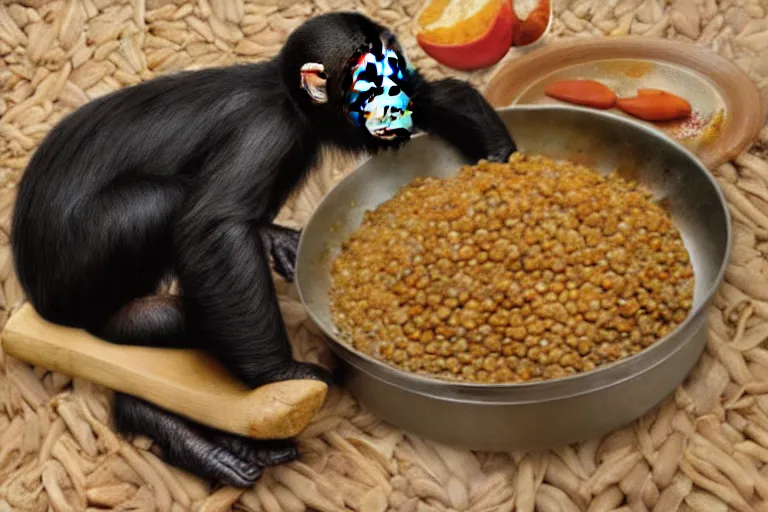 Image similar to chimpanzees cooking lentil dhaal, 32K