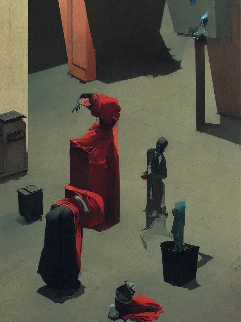 Image similar to magician with a trash over his head praying to a trash bin Edward Hopper and James Gilleard, Zdzislaw Beksinski highly detailed