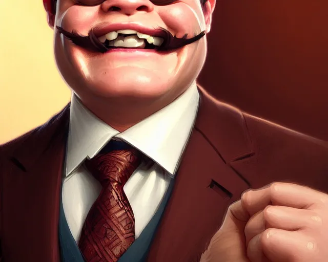 Image similar to close up of andy richter smiling wearing a brown suit and necktie, focus, d & d, intricate, elegant, highly detailed, digital painting, artstation, concept art, matte, sharp focus, illustration, hearthstone, art by artgerm and greg rutkowski and alphonse mucha