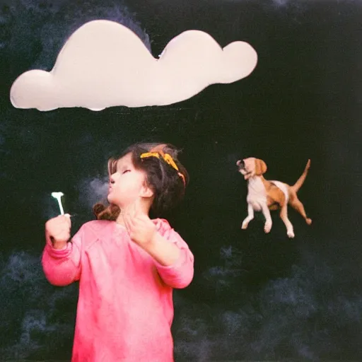 Prompt: dark angel throwing a yellow - pink - black birthday cake from the clouds onto a girl with two dogs, kodak film