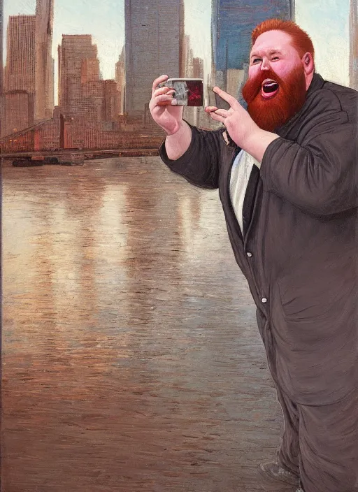 Image similar to a fat redheaded man with beard laughing and talking on a cell phone manhattan skyline in the background, portrait, intricate, elegant, highly detailed, centered, digital painting, artstation, concept art, smooth, sharp focus, illustration, art by art germ and donato giancola and Joseph Christian Leyendecker