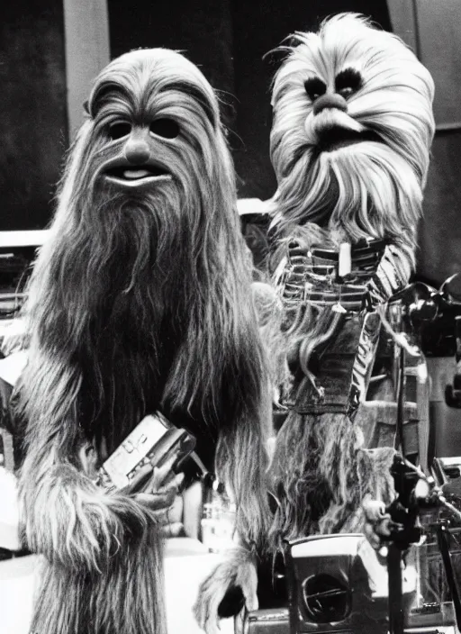 Prompt: chewbacca guest hosting the muppet show in 1 9 8 0 with kenny rogers