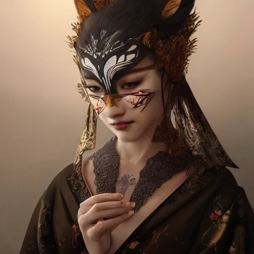 Image similar to a photorealistic dramatic fantasy render of a beautiful woman wearing a beautiful intricately detailed japanese rabbit kitsune mask and clasical japanese kimono by wlop, artgerm, greg rutkowski, alphonse mucha, beautiful dynamic dramatic dark moody lighting, shadows, cinematic atmosphere, artstation, concept design art, octane render, 8 k