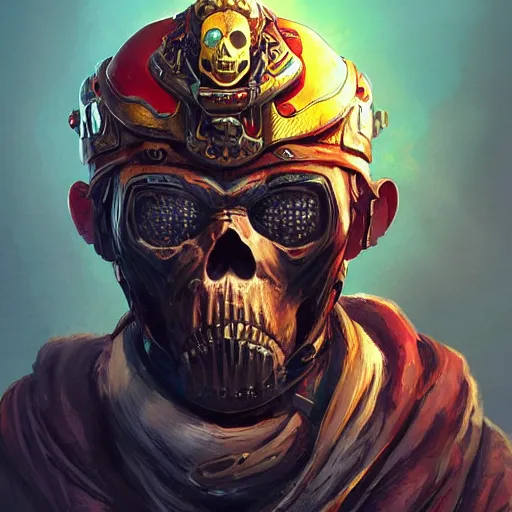 Image similar to a golden skull face monkey warrior with a ruby in his forehead, Apex Legends character digital illustration portrait design, by android jones, detailed, cinematic lighting, wide angle action dynamic portrait