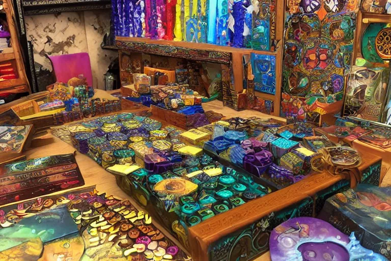 Prompt: grand bazaar board game yurt workshop store, mystical alien realm