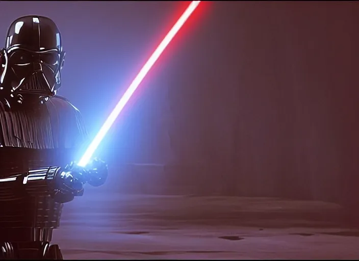 Image similar to screenshot of the jedi sithtrooper droid with lightsaber arms, iconic scene from the lost Star Wars film, Shadows Of the Empire, 1990 directed by Stanely Kubrick, lens flare, moody cinematography, with anamorphic lenses, crisp, detailed, 4k