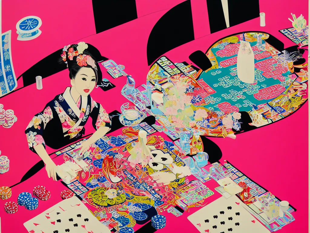 Image similar to hyperrealism composition of the detailed single woman in a japanese kimono sitting at an extremely detailed poker table with barbie, fireworks and folding screen on the background, pop - art style, jacky tsai style, andy warhol style, acrylic on canvas