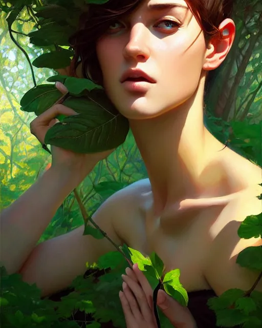 Prompt: stylized portrait of an artistic pose, composition, young forest nymph surrounded by nature, realistic shaded, fine details, realistic shaded lighting poster by ilya kuvshinov, magali villeneuve, artgerm, jeremy lipkin and michael garmash and rob rey