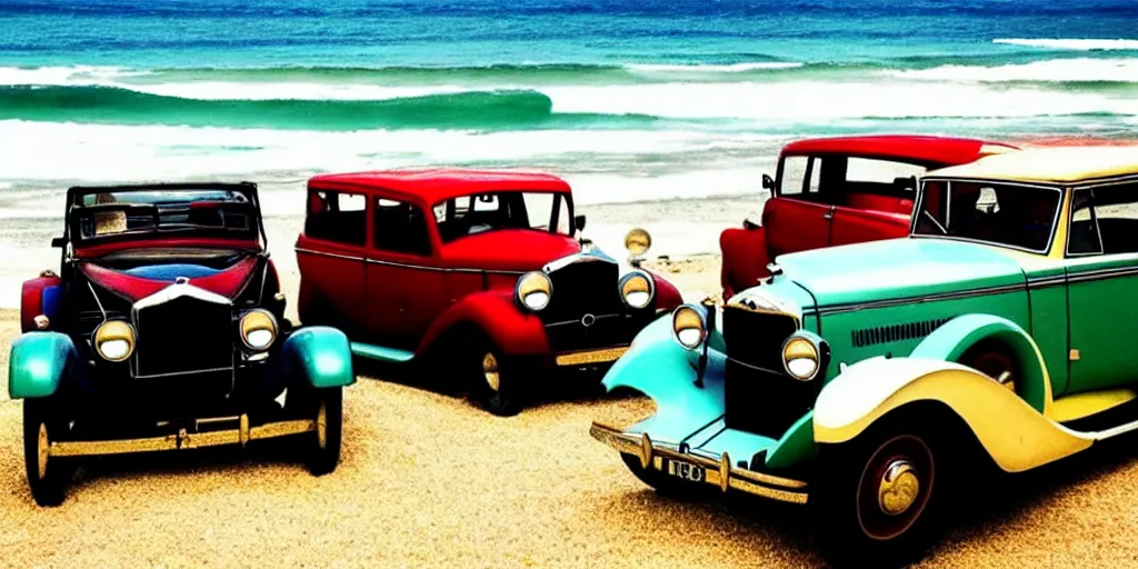 Prompt: vintage cars on a beach