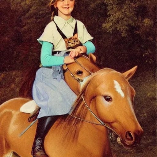 Prompt: A pretty girl riding a pony with her cat