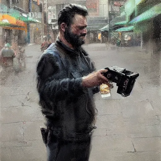 Prompt: a realistic hyperdetailed digital oil full body portrait painting of a man with a playstation 5 outside at a restaurant, beer in hand, in the style of guy denning, ruan jia, and craig mullins. trending on artstation and deviantart. cgsociety digital art.