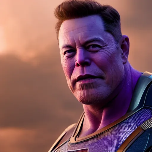 Prompt: Elon Musk cast as Thanos, still from marvel movie, hyperrealistic, 8k, Octane Render,
