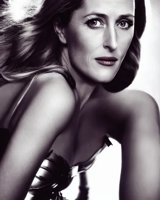 Image similar to photo of a beautiful 4 0 - year - old gillian anderson dressed as wonder woman by mario testino and stanley lau, detailed, award winning, sony a 7 r, trending on artstation