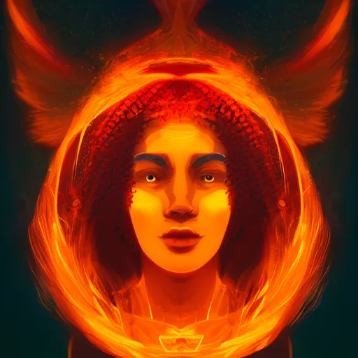 Prompt: a beautiful portrait of a flame goddess with a flaming halo by Petros Afshar and Beeple, Trending on Artstation, Flaming Background