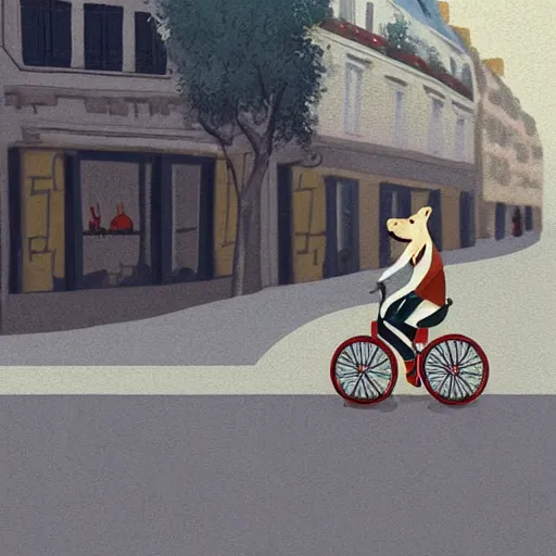 Image similar to artstation digital illustration, a dog riding a bike in paris