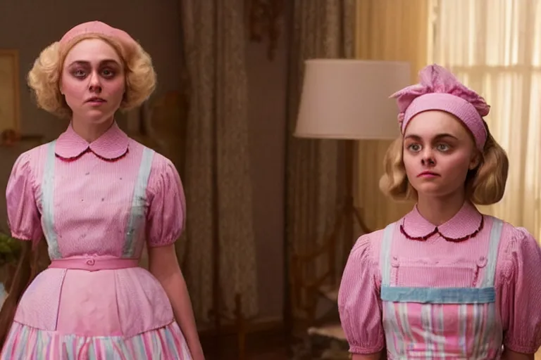 Image similar to mid-shot of AnnaSophia Robb as a maid in the new movie directed by Wes Anderson, symmetrical shot, idiosyncratic, relentlessly detailed, pastel, limited colour palette, detailed face, movie still frame, promotional image, imax 70 mm footage