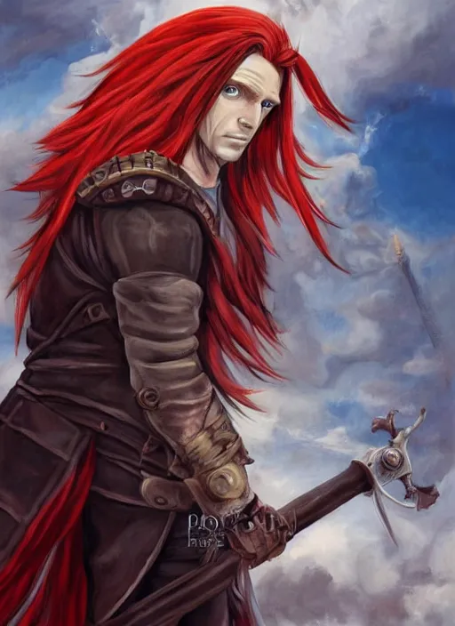 Prompt: epic fantasy portrait painting of a long haired, red headed male sky - pirate in front of an airship in the style of the full metal alchemist anime