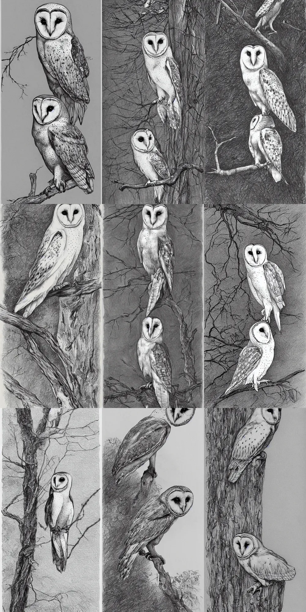 Prompt: realistic line drawing of an individual barn owl standing on a branch, by Dore, black and white, pen & ink drawing, concept art