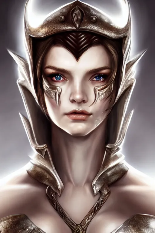 Image similar to head and shoulders portrait of an eldritch knight, elf, beautiful, female, breastplate, magical, high fantasy, d & d, by artgerm, face details, extremely detailed, vogue fashion photo