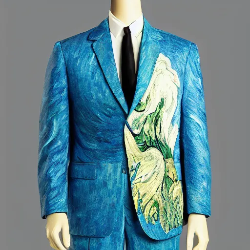 Image similar to a beautiful suit made out of a van gogh painting, on a mannequin. studio lighting, high quality, high resolution