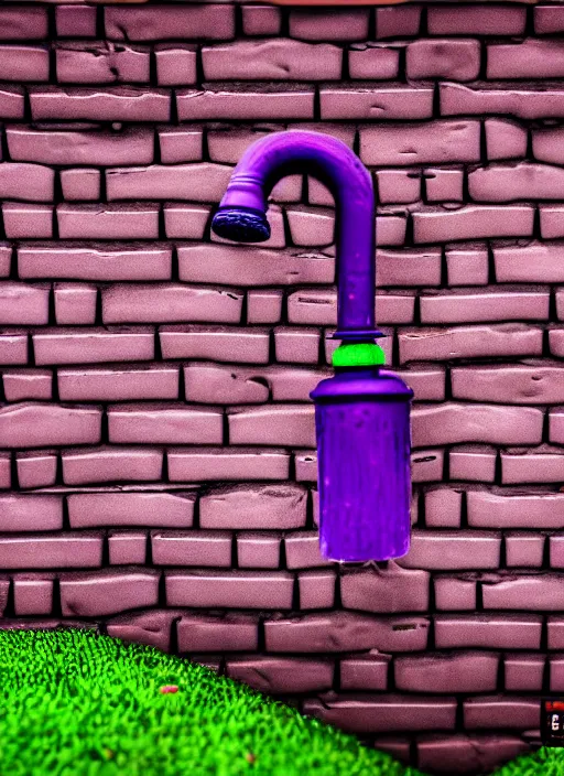 Prompt: intricate faucet with purple slime coming out of it, attached to a brick wall, the slime is oozing on the ground next to the faucet. Very detailed 8k. Fantasy cyberpunk. Sharp. Cinematic post-processing