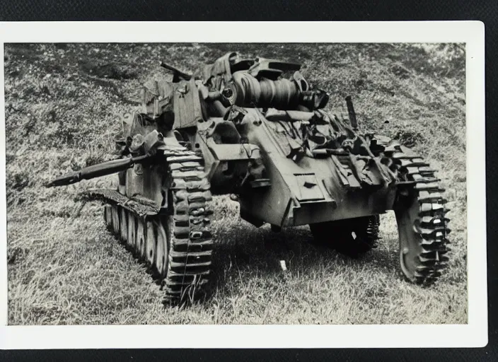 Prompt: found polaroid picture of a world war two crawling mech war machine and german soldiers