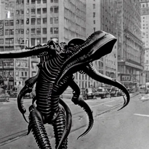 Image similar to old black and white photo, 1 9 1 3, depicting a xenomorph from the movie aliens rampaging through the bustling streets of new york city, historical record