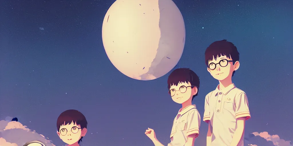 Image similar to 3 d portrait of smiling boy and girl with astronaut helmets by ilya kuvshinov, cloudy sky background lush landscape ln illustration concept art anime key visual trending pixiv by victo ngai fanbox by greg rutkowski makoto shinkai takashi takeuchi studio ghibli