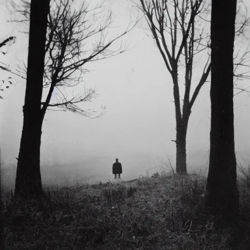 Image similar to old photo of a creepy landscape, mysterious figure in the distance