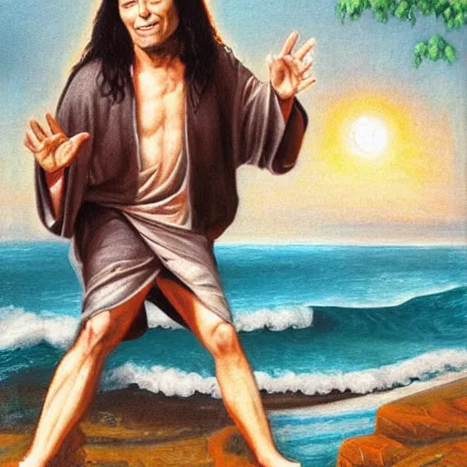 Image similar to tommy wiseau jesus break dances on the water, biblical, oil painting, sunny, beautiful