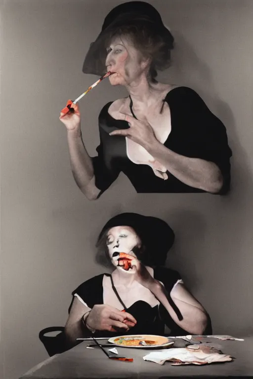 Prompt: overpainted photography portrait of a woman smoking a cigarette at a table by cindy sherman and gerhard richter, dim light, black and white