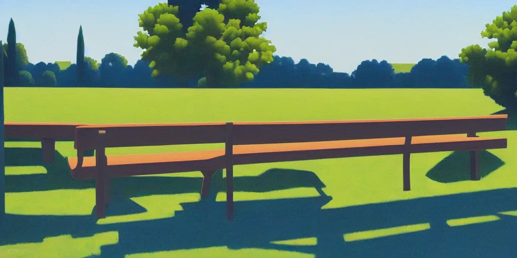 Prompt: the bench, blue sky, summer evening, kenton nelson