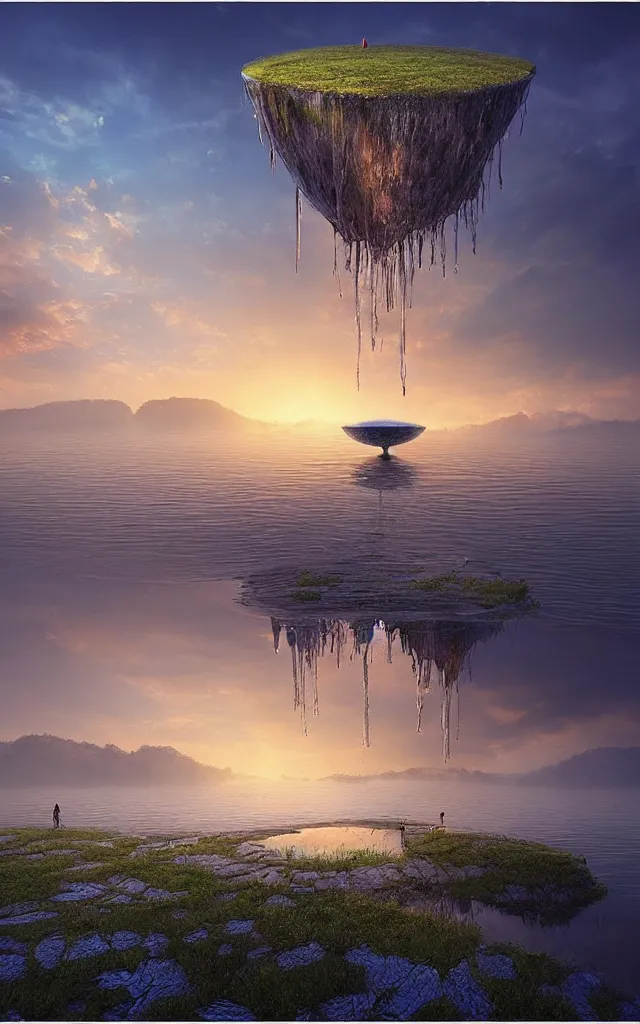 Image similar to a surreal landscape at sunset with a immense gigantic ornated iron chalice cup with a lake inside, water in excess dropping by gediminas pranckevicius