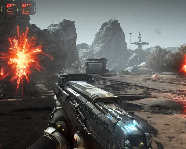 Prompt: screenshot from FPS game, futuristic gun, alien enemies, cryengine hd 8k