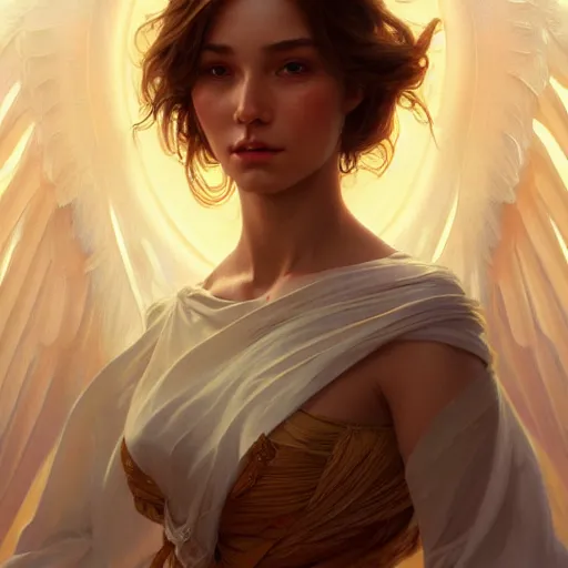 Image similar to wide angle full body portrait of an angel with a perfect face and perfect body, intricate, highly detailed, digital painting, artstation, concept art, smooth, sharp focus, illustration, Unreal Engine 5, 8K, art by artgerm and greg rutkowski and alphonse mucha