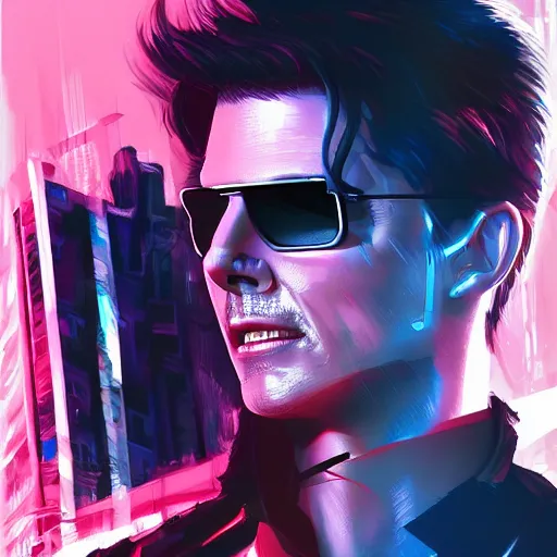 Image similar to cyberpunk tom cruise, sharp lines, digital, artstation, colored in