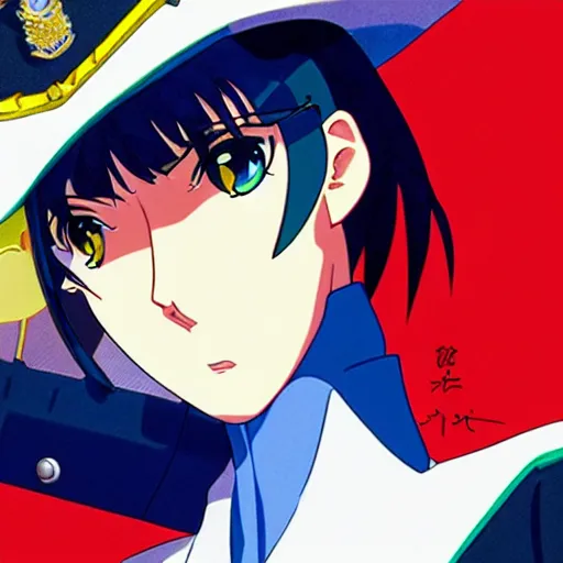 Image similar to close - up portrait of police woman, animation cel for anime movie, designed by haruhiko mikimoto, studio trigger, gainax, intense colors, trending on artstation, fan favorite design